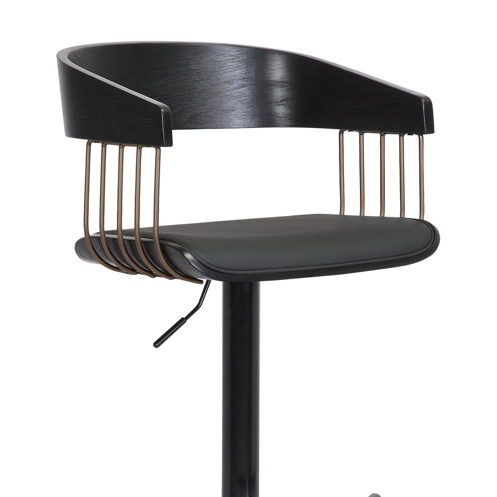 Larisa Adjustable Black Wood Bar Stool in Black Faux Leather with Golden Bronze and Black Metal By Armen Living | Bar Stools | Modishstore - 6