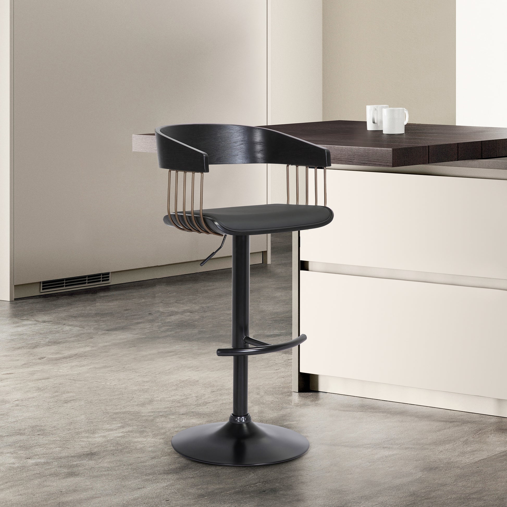 Larisa Adjustable Black Wood Bar Stool in Black Faux Leather with Golden Bronze and Black Metal By Armen Living | Bar Stools | Modishstore