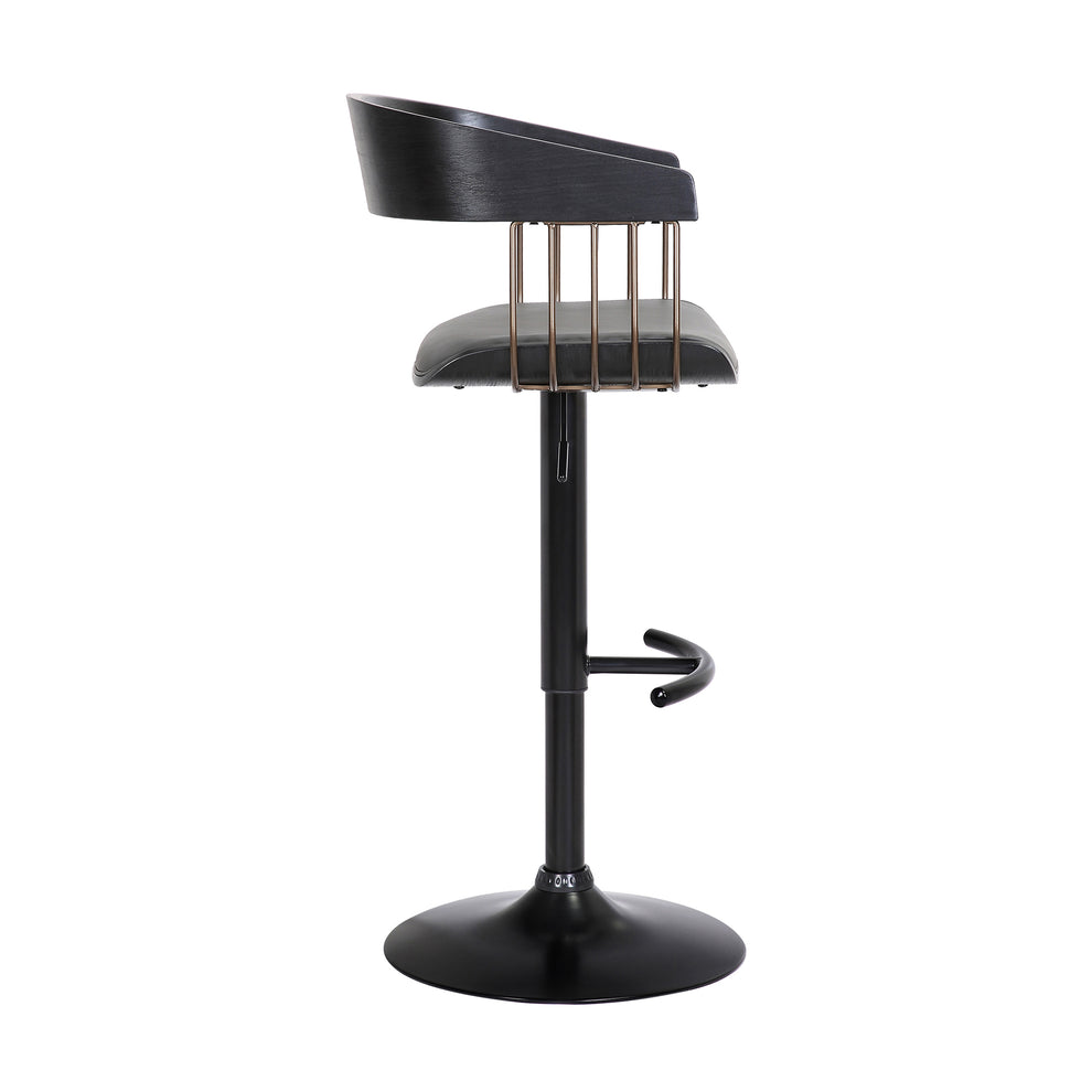Larisa Adjustable Black Wood Bar Stool in Gray Faux Leather with Golden Bronze and Black Metal By Armen Living | Bar Stools | Modishstore - 4