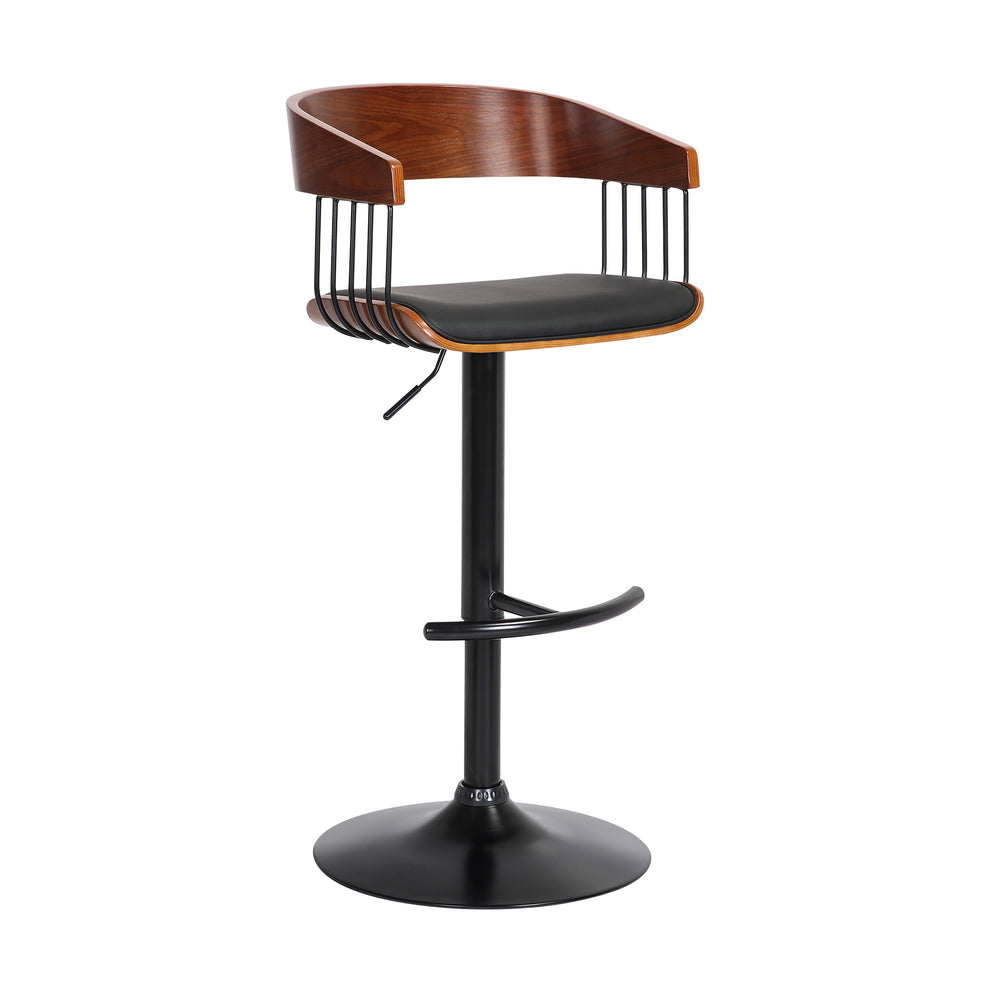 Larisa Adjustable Walnut Wood Bar Stool in Black Faux Leather with Black Metal By Armen Living | Bar Stools | Modishstore - 2