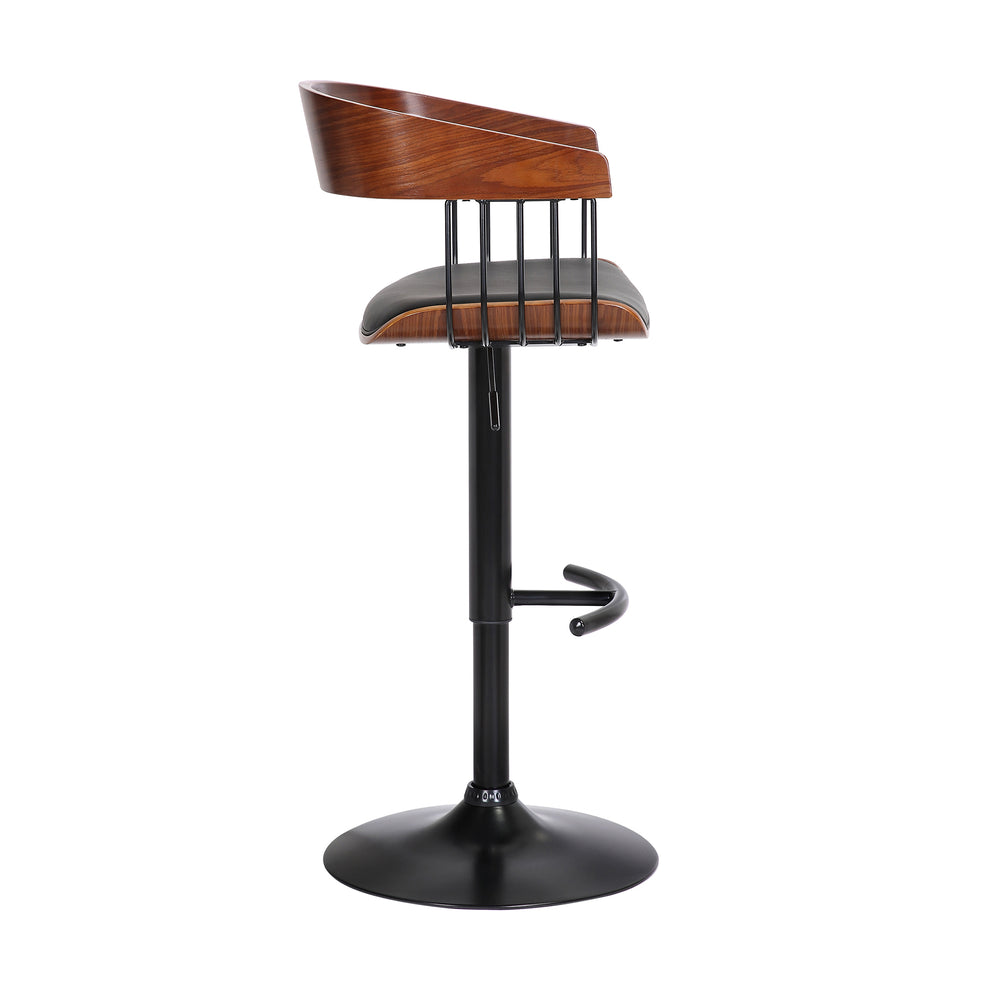 Larisa Adjustable Walnut Wood Bar Stool in Black Faux Leather with Black Metal By Armen Living | Bar Stools | Modishstore - 4
