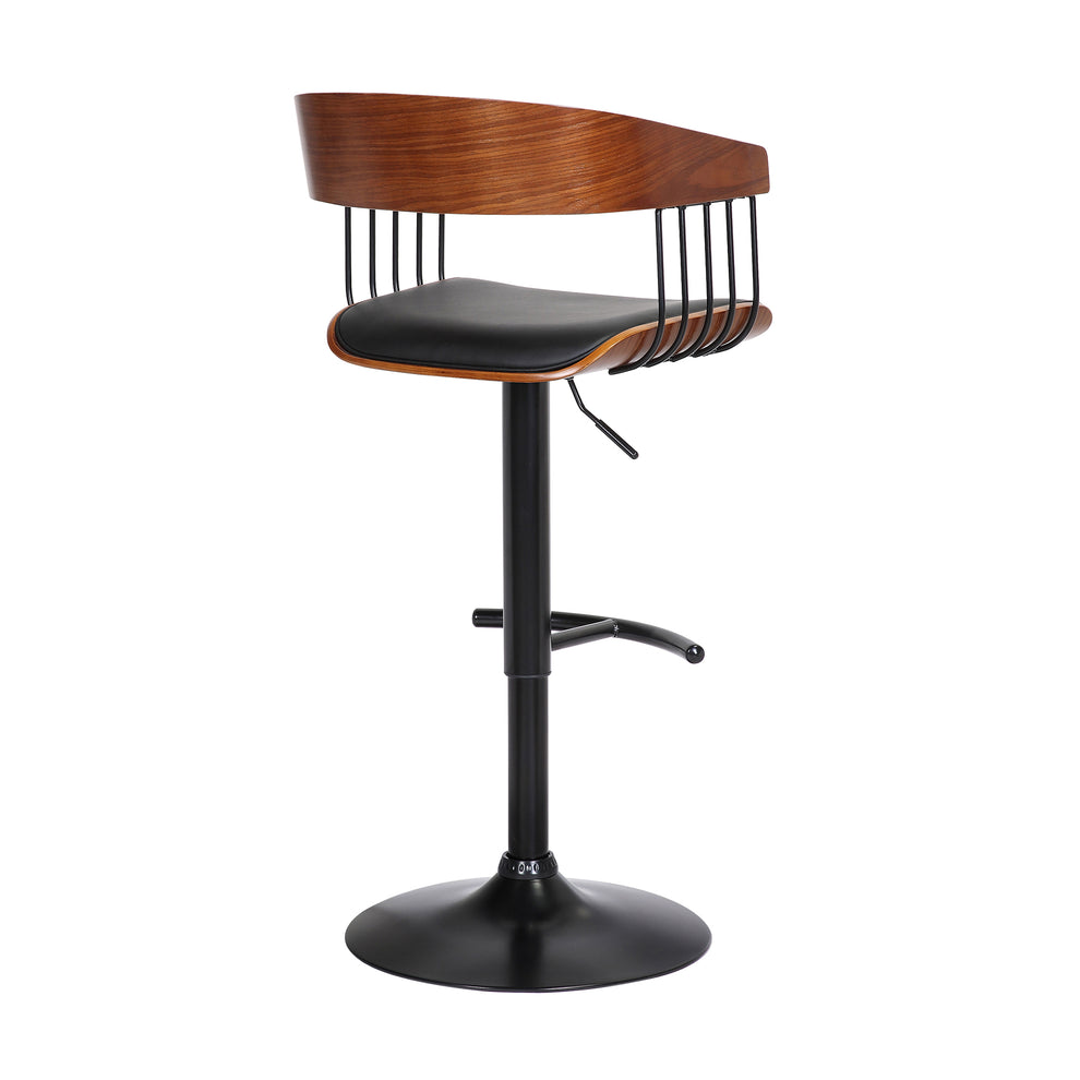 Larisa Adjustable Walnut Wood Bar Stool in Black Faux Leather with Black Metal By Armen Living | Bar Stools | Modishstore - 5