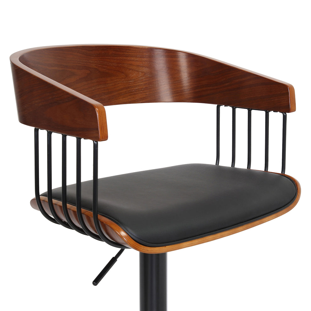 Larisa Adjustable Walnut Wood Bar Stool in Black Faux Leather with Black Metal By Armen Living | Bar Stools | Modishstore - 7