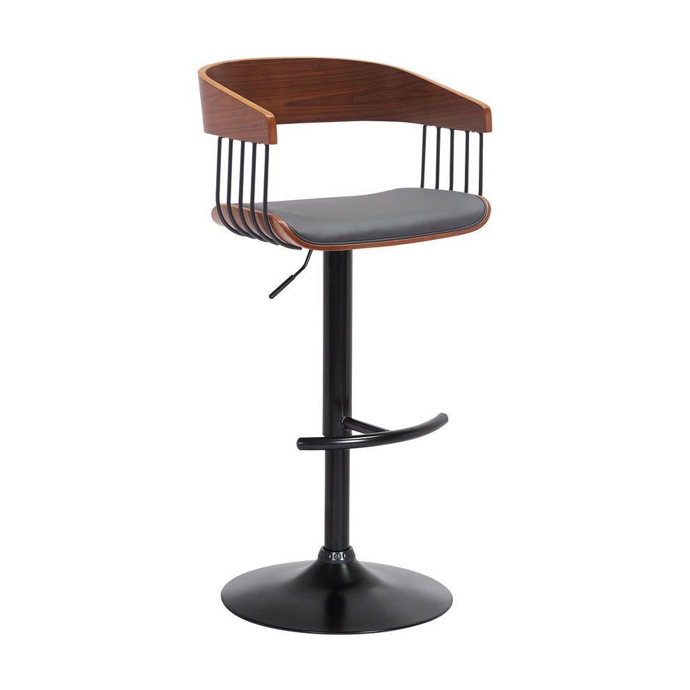 Larisa Adjustable Walnut Wood Bar Stool in Gray Faux Leather with Black Metal By Armen Living | Bar Stools | Modishstore - 2