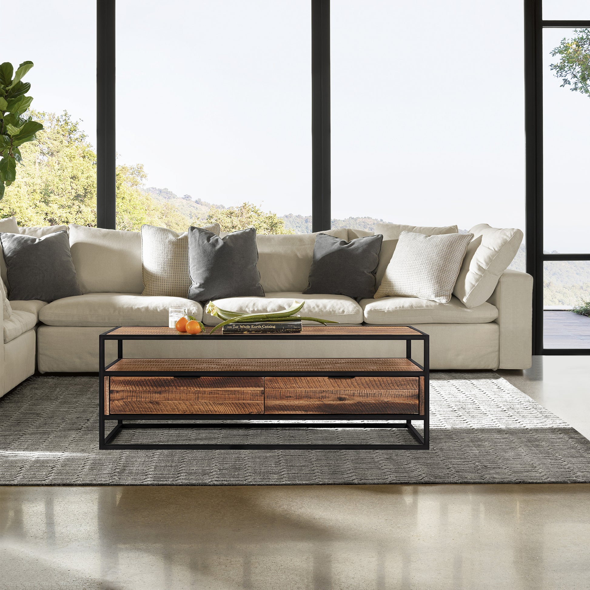 Ludgate Rectangle Coffee Table with Shelf in Acacia and Black Metal By Armen Living | Coffee Tables | Modishstore