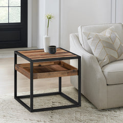 Ludgate Square End Table with Shelf in Acacia and Black Metal By Armen Living