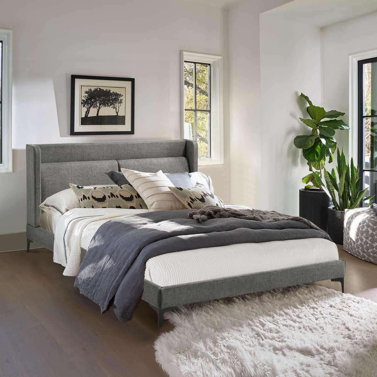 Legend Gray Fabric Queen Platform Bed with Black Metal Legs By Armen Living | Beds | Modishstore