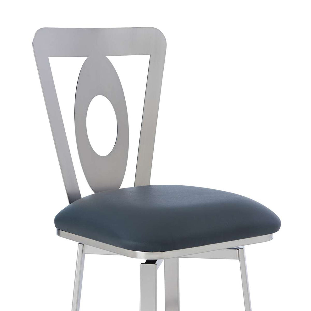 Lola Contemporary 30" Bar Height Barstool in Brushed Stainless Steel Finish and Gray Faux Leather By Armen Living | Bar Stools | Modishstore - 4