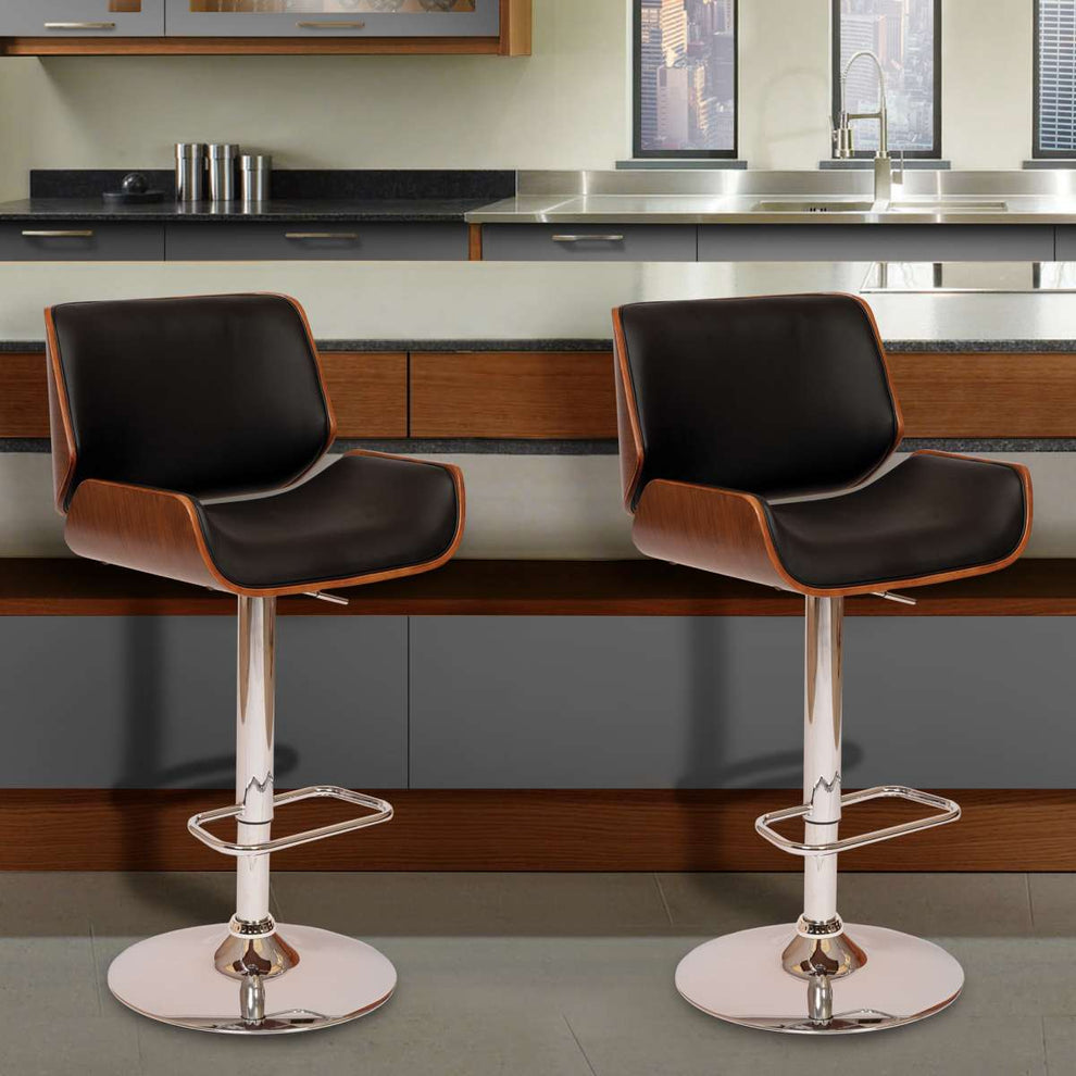London Black Faux Leather Adjustable Height Swivel Walnut Wood and Chrome Bar Stool By Armen Living | Bar Stools | Modishstore