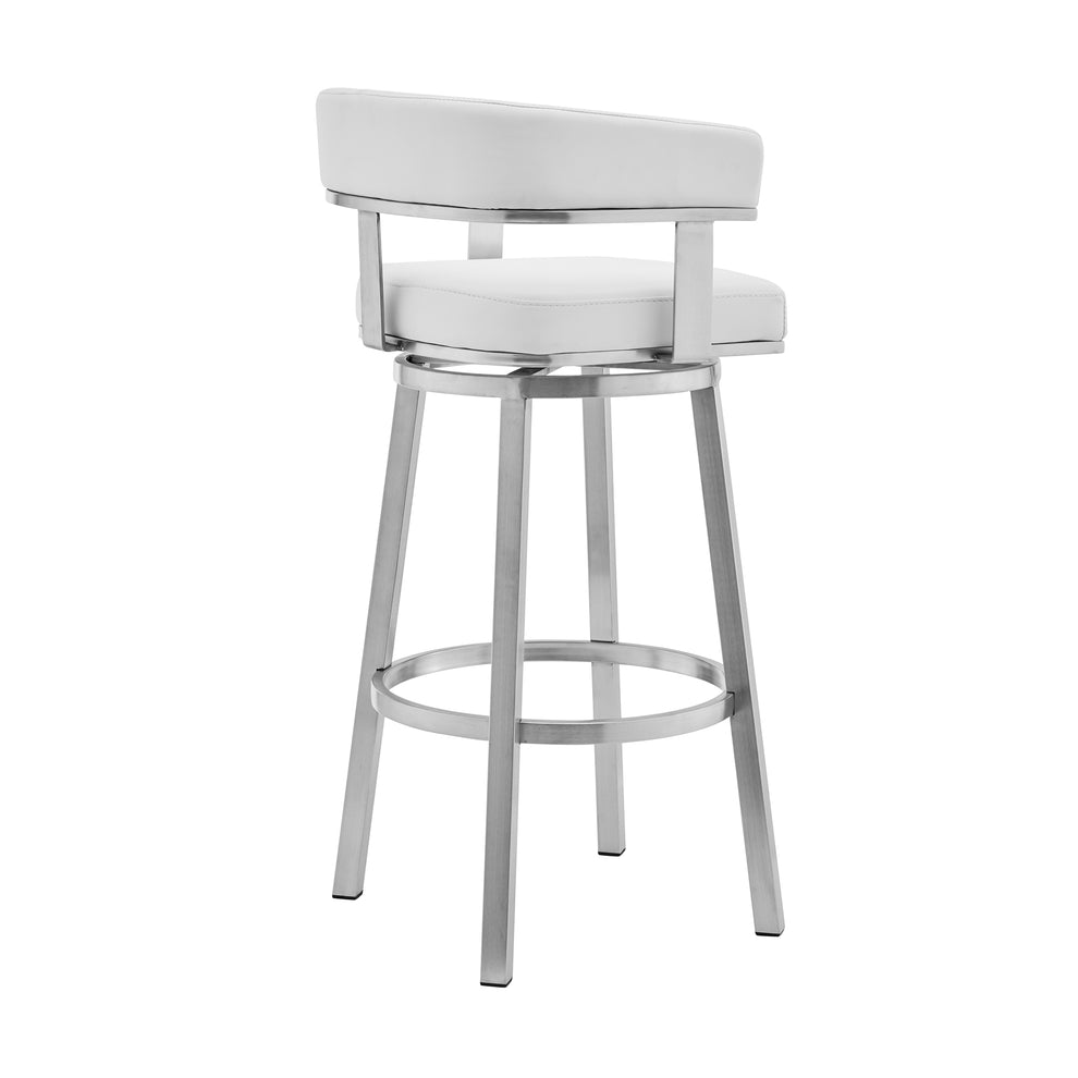 Lorin 30" White Faux Leather and Brushed Stainless Steel Swivel Bar Stool By Armen Living | Bar Stools | Modishstore - 4