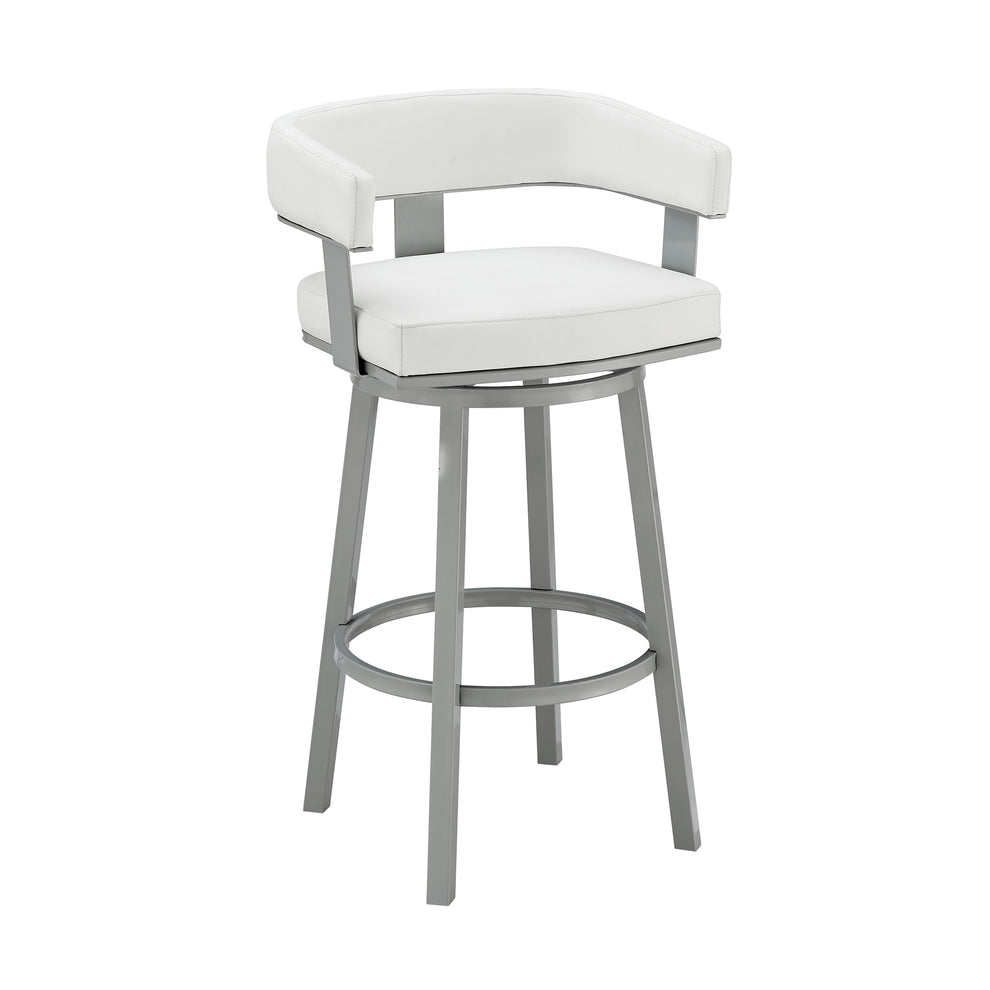 Lorin 30" Bar Height Swivel Bar Stool in Silver Finish with White Faux Leather By Armen Living | Bar Stools | Modishstore - 2