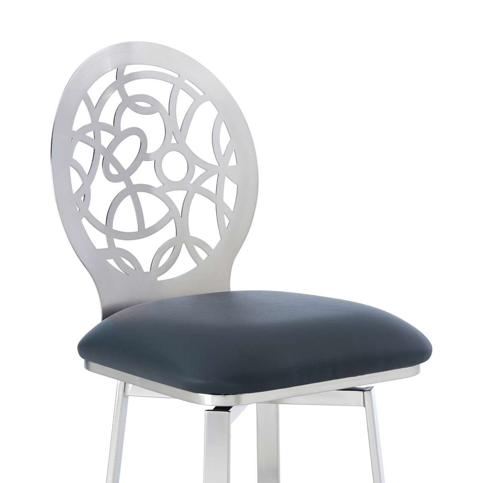 Lotus Contemporary 30" Bar Height Barstool in Brushed Stainless Steel Finish and Gray Faux Leather By Armen Living | Bar Stools | Modishstore - 4