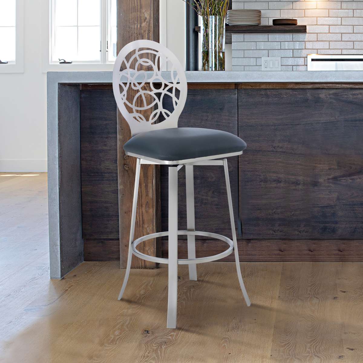 Lotus Contemporary 30" Bar Height Barstool in Brushed Stainless Steel Finish and Gray Faux Leather By Armen Living | Bar Stools | Modishstore