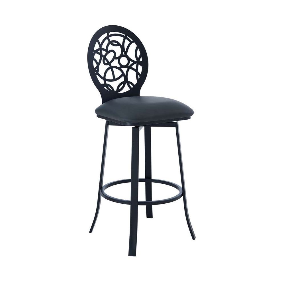 Lotus Contemporary 30" Bar Height Barstool in Matte Black Finish and Gray Faux Leather By Armen Living | Bar Stools | Modishstore - 2
