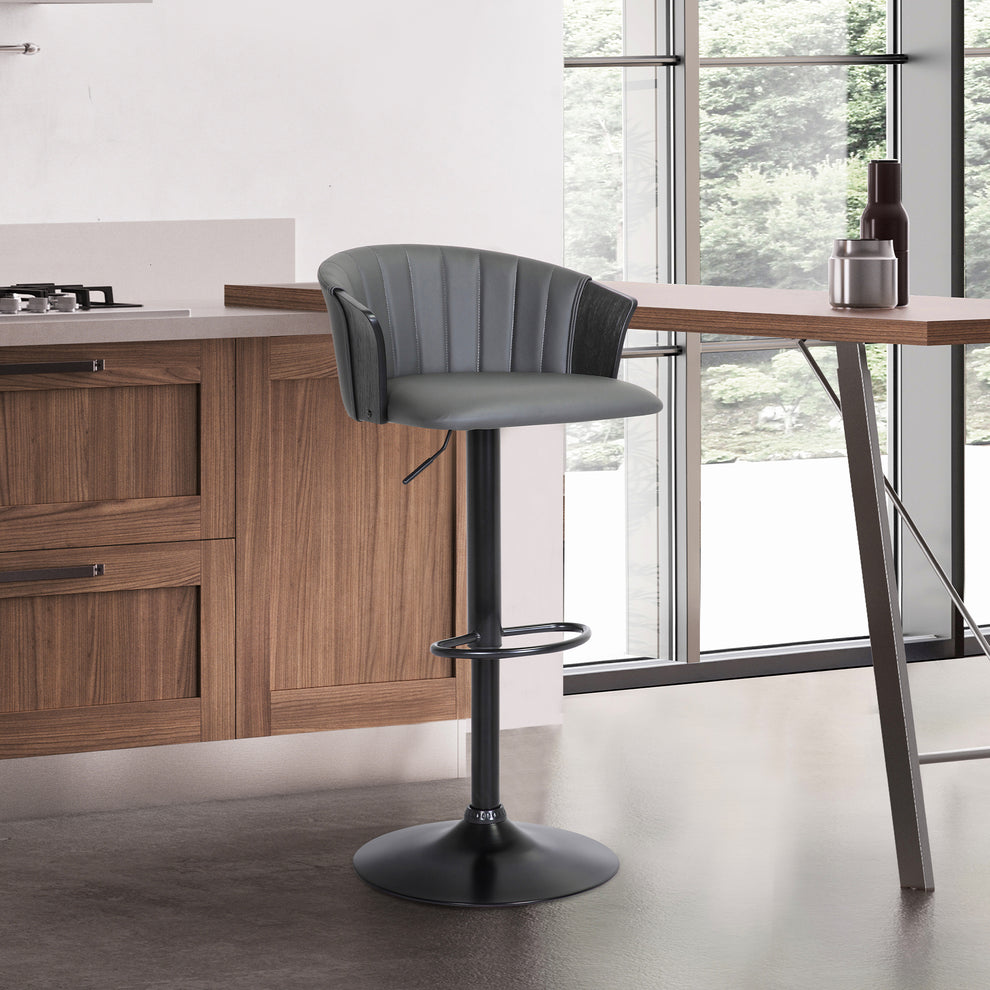 Lydia Adjustable Black Wood Bar Stool in Grey Faux Leather with Black Metal By Armen Living | Bar Stools | Modishstore