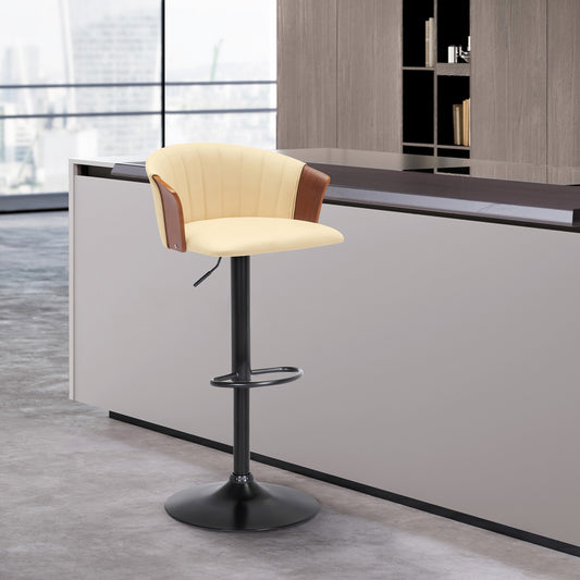 Lydia Adjustable Walnut Wood Bar Stool in Cream Faux Leather with Black Metal By Armen Living | Bar Stools | Modishstore