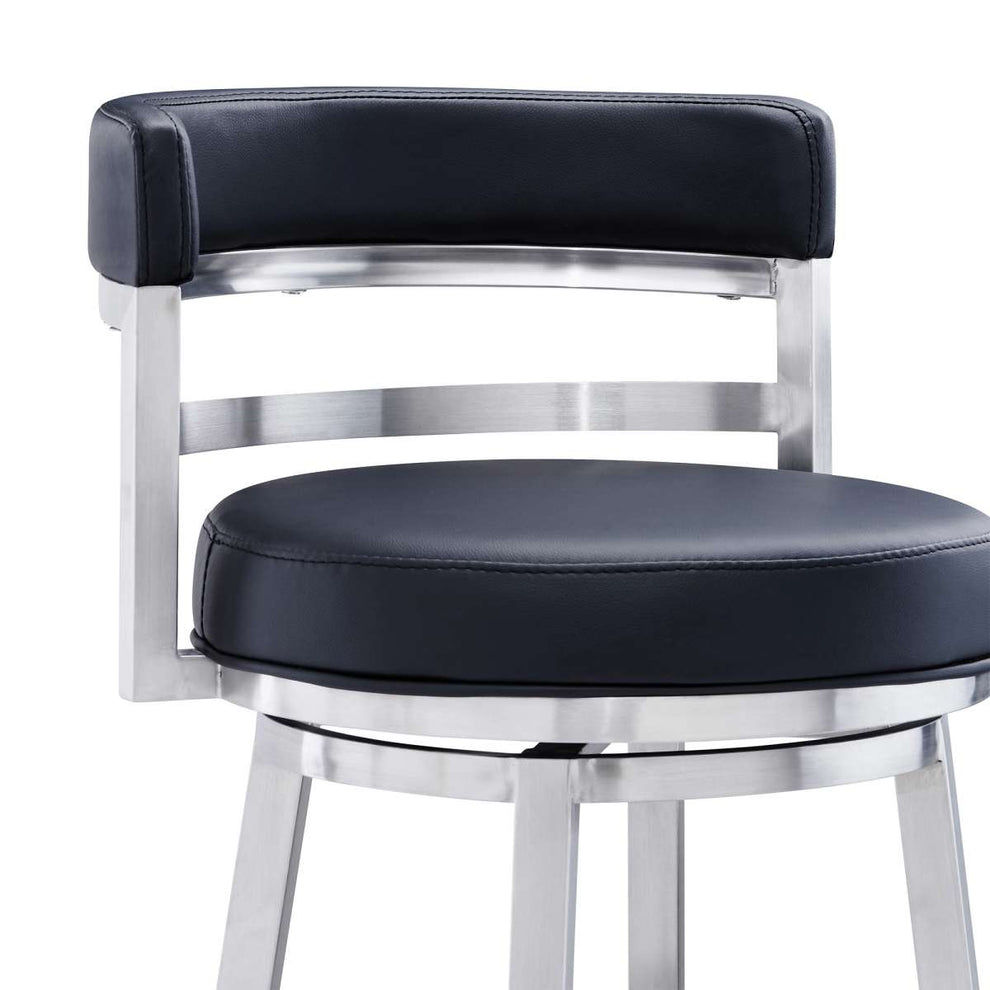 Madrid 26" Counter Height Swivel Black Faux Leather and Brushed Stainless Steel Bar Stool By Armen Living | Bar Stools |  Modishstore  - 5
