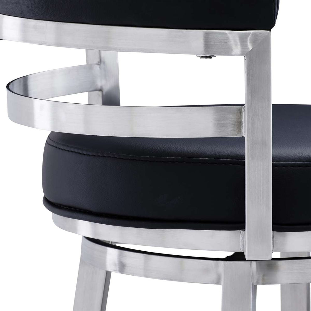 Madrid 26" Counter Height Swivel Black Faux Leather and Brushed Stainless Steel Bar Stool By Armen Living | Bar Stools |  Modishstore  - 6
