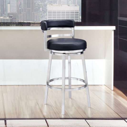 Madrid 26" Counter Height Swivel Black Faux Leather and Brushed Stainless Steel Bar Stool By Armen Living | Bar Stools |  Modishstore 
