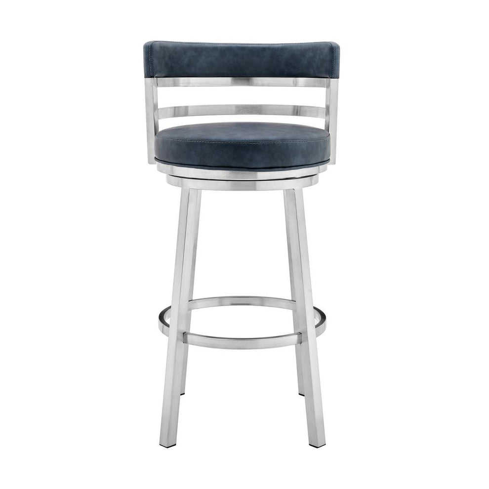 Madrid 30" Bar Height Swivel Blue Faux Leather and Brushed Stainless Steel Bar Stool By Armen Living | Bar Stools | Modishstore - 3