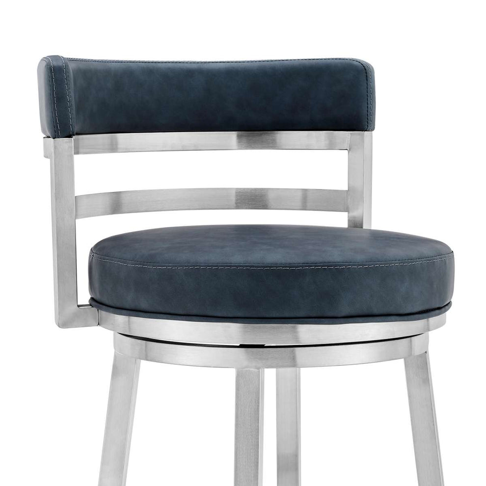 Madrid 30" Bar Height Swivel Blue Faux Leather and Brushed Stainless Steel Bar Stool By Armen Living | Bar Stools | Modishstore - 4