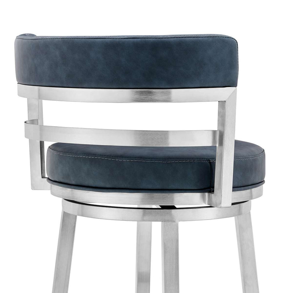Madrid 30" Bar Height Swivel Blue Faux Leather and Brushed Stainless Steel Bar Stool By Armen Living | Bar Stools | Modishstore - 5