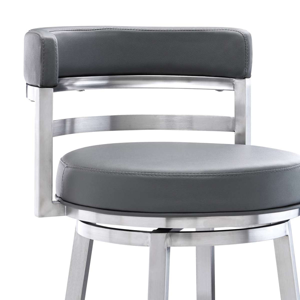 Madrid 26" Counter Height Swivel Grey Faux Leather and Brushed Stainless Steel Bar Stool By Armen Living | Bar Stools |  Modishstore  - 5