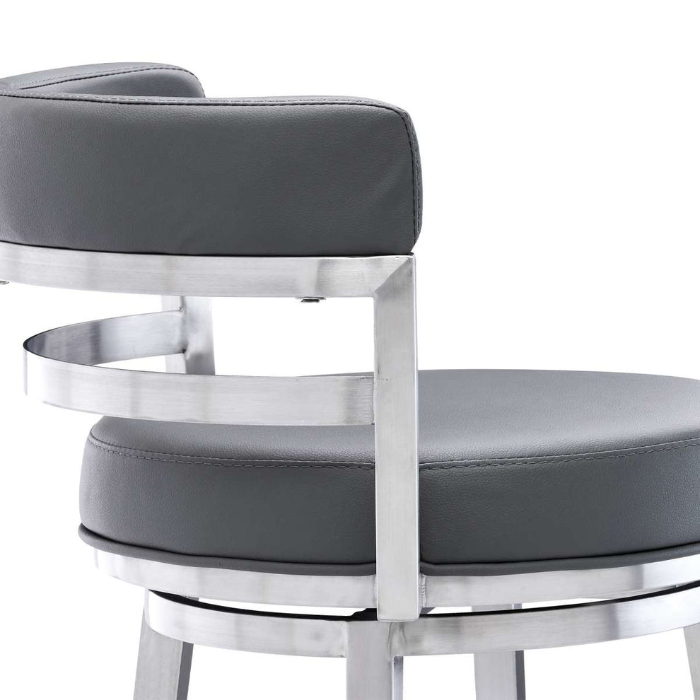 Madrid 26" Counter Height Swivel Grey Faux Leather and Brushed Stainless Steel Bar Stool By Armen Living | Bar Stools |  Modishstore  - 6