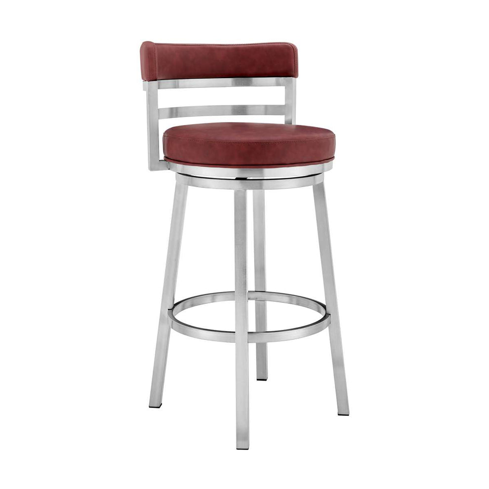 Madrid 26" Counter Height Swivel Red Faux Leather and Brushed Stainless Steel Bar Stool By Armen Living | Bar Stools | Modishstore - 2