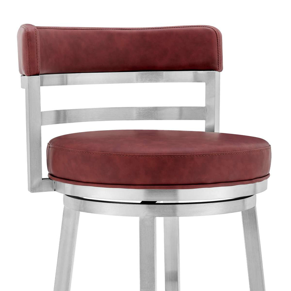 Madrid 26" Counter Height Swivel Red Faux Leather and Brushed Stainless Steel Bar Stool By Armen Living | Bar Stools | Modishstore - 4