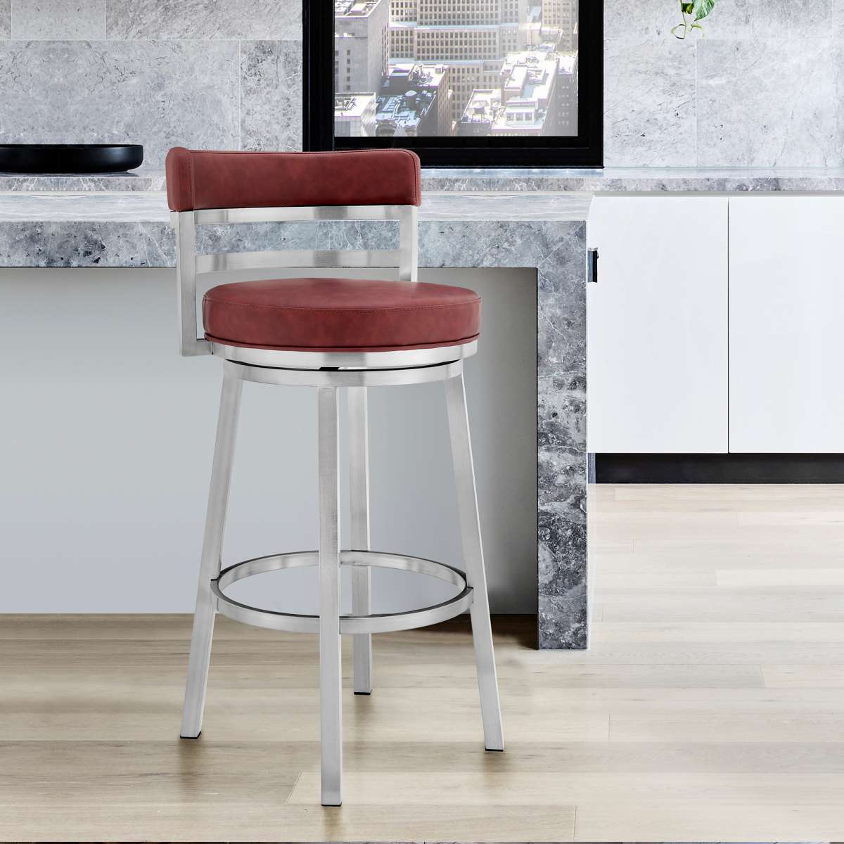 Madrid 26" Counter Height Swivel Red Faux Leather and Brushed Stainless Steel Bar Stool By Armen Living | Bar Stools | Modishstore