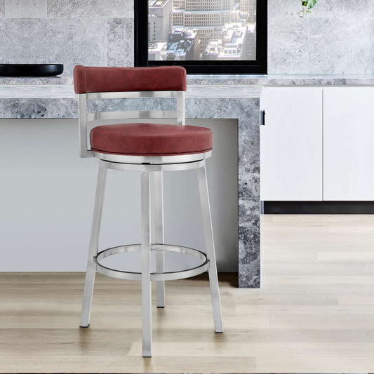 Madrid 30" Bar Height Swivel Red Faux Leather and Brushed Stainless Steel Bar Stool By Armen Living | Bar Stools | Modishstore