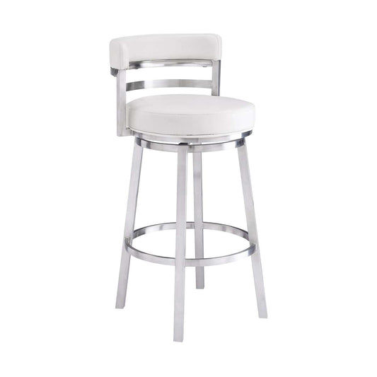 Madrid 26" Counter Height Swivel White Faux Leather and Brushed Stainless Steel Bar Stool By Armen Living | Bar Stools |  Modishstore 