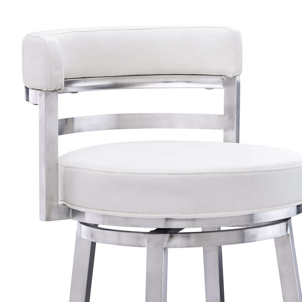 Madrid 30" Bar Height Swivel White Faux Leather and Brushed Stainless Steel Bar Stool By Armen Living | Bar Stools | Modishstore - 4