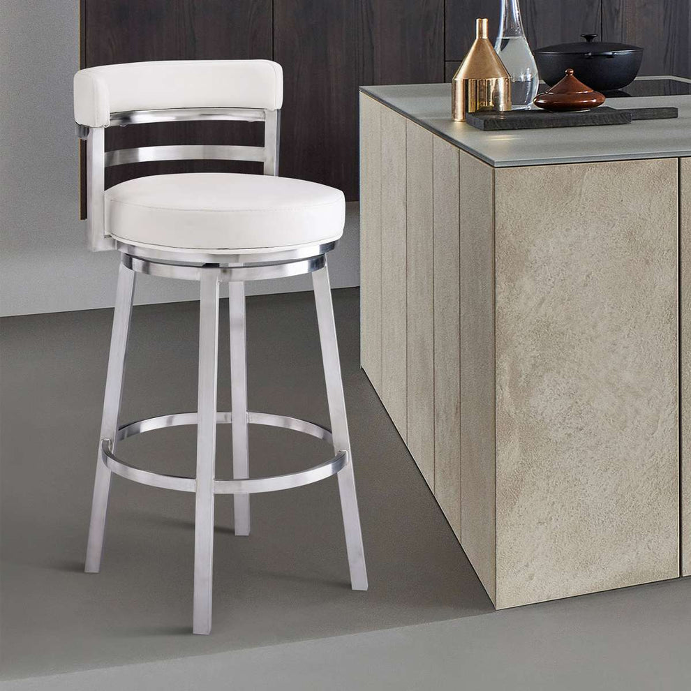 Madrid 30" Bar Height Swivel White Faux Leather and Brushed Stainless Steel Bar Stool By Armen Living | Bar Stools | Modishstore - 2