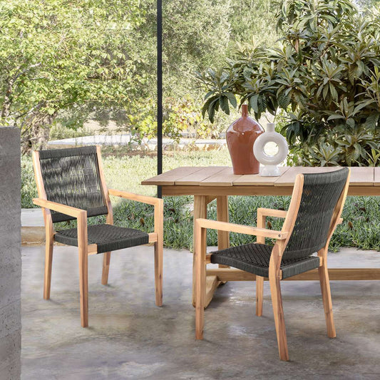 Madsen Outdoor Eucalyptus Wood and Charcoal Rope Dining Chairs with Teak Finish - Set of 2 By Armen Living | Outdoor Chairs |  Modishstore 