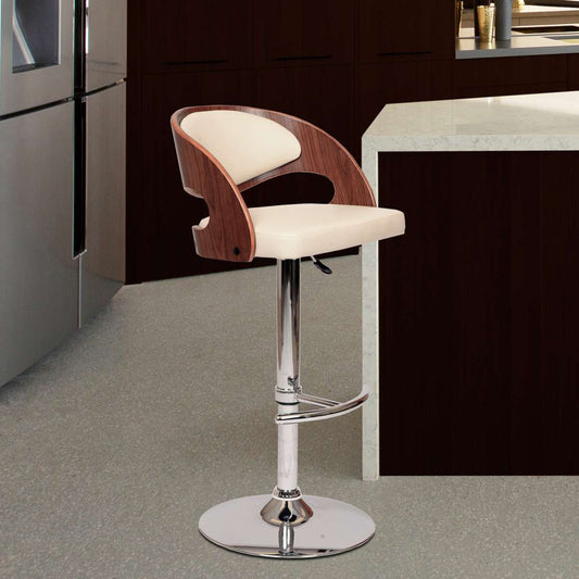 Malibu Swivel Barstool In Cream PU/ Walnut Veneer and Chrome Base By Armen Living | Bar Stools | Modishstore
