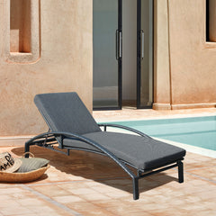 Mahana Adjustable Patio Outdoor Chaise Lounge Chair in Black Wicker with Charcoal Cushions By Armen Living