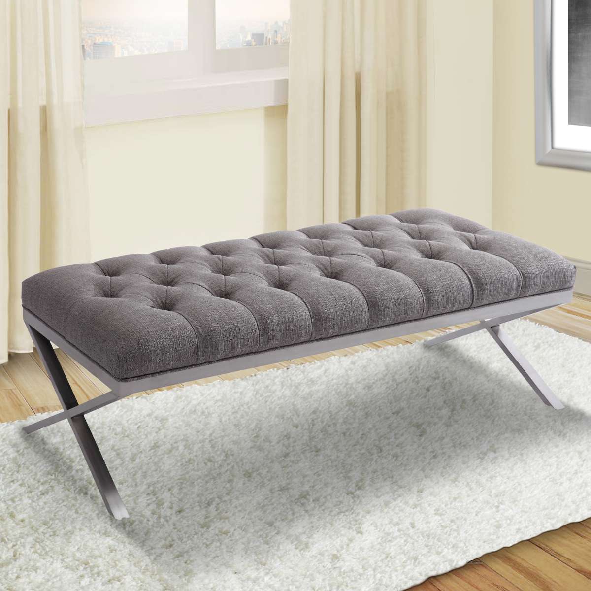 Milo Bench in Brushed Stainless Steel finish with Gray Fabric By Armen Living | Benches | Modishstore