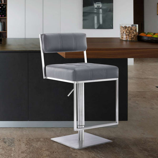 Michele Swivel Adjustable Height Grey Faux Leather and Brushed Stainless Steel Bar Stool By Armen Living | Bar Stools | Modishstore