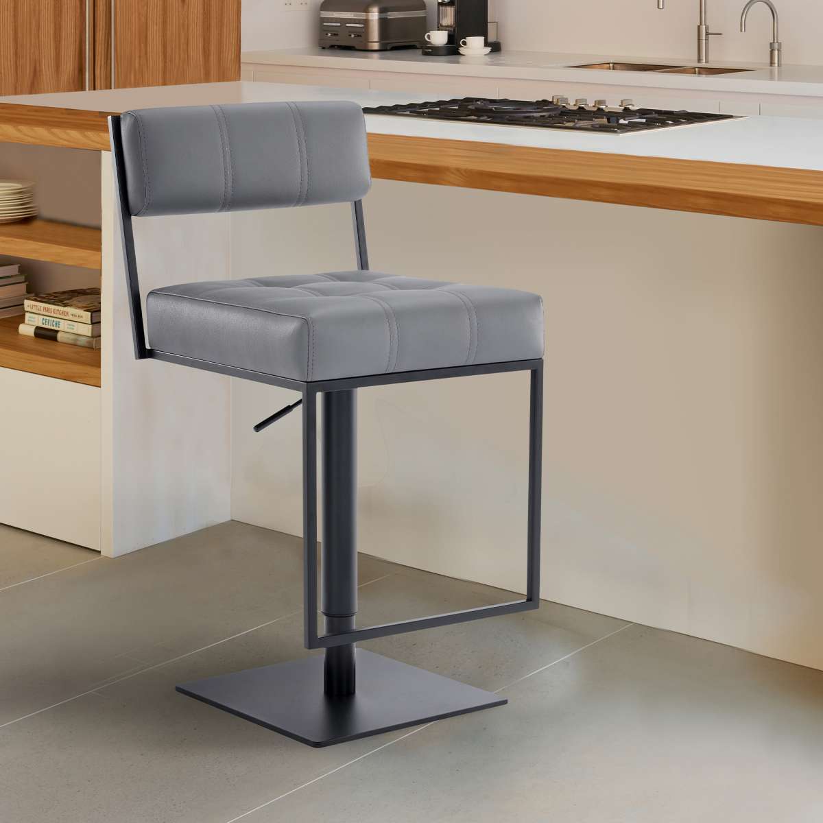 Michele Swivel Adjustable Height Grey Faux Leather and Black Metal Bar Stool By Armen Living | Bar Stools | Modishstore