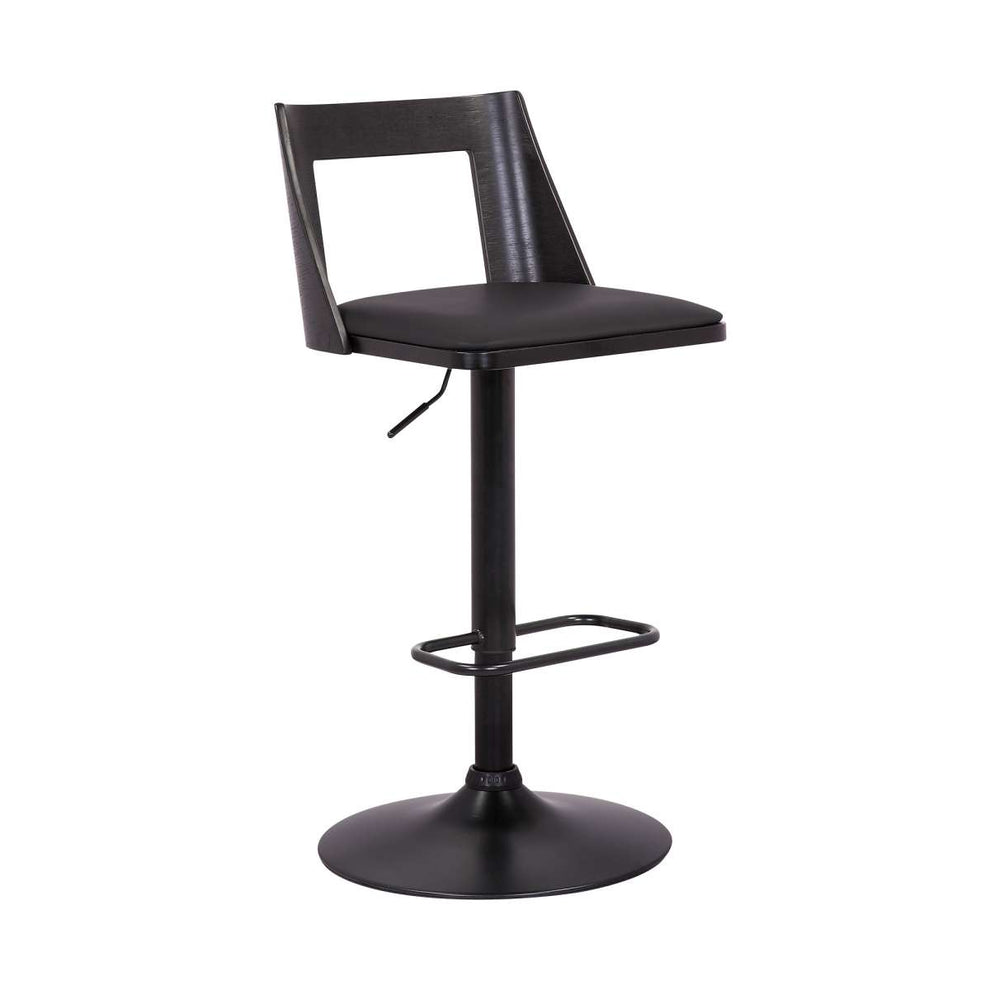Milan Adjustable Swivel Black Faux Leather and Black Wood Bar Stool with Black Base By Armen Living | Bar Stools | Modishstore - 2