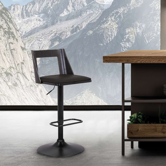 Milan Adjustable Swivel Black Faux Leather and Black Wood Bar Stool with Black Base By Armen Living | Bar Stools | Modishstore