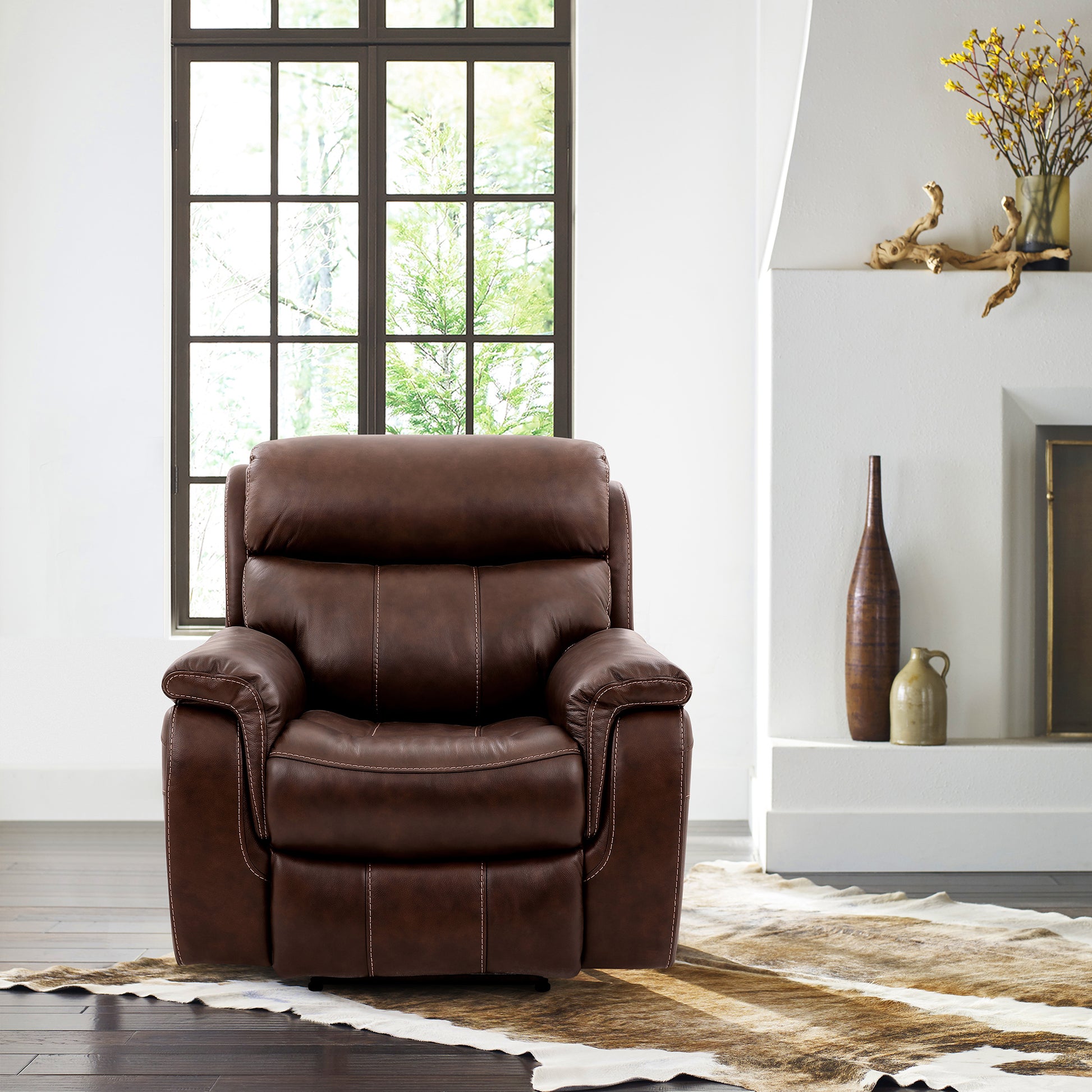 Montague Dual Power Headrest and Lumbar Support Recliner Chair in Genuine Brown Leather By Armen Living | Chairs & Recliners | Modishstore