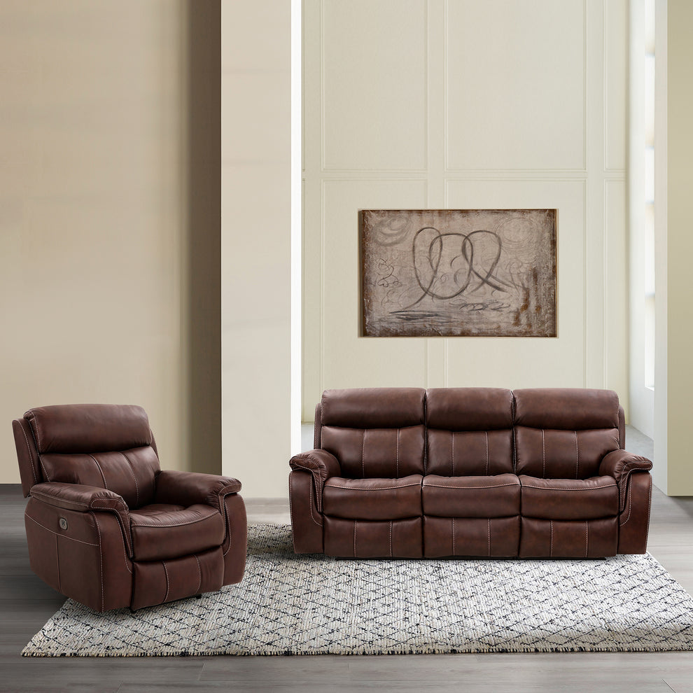 Montague Dual Power Headrest and Lumbar Support Reclining Sofa in Genuine Brown Leather By Armen Living | Sofas | Modishstore - 3