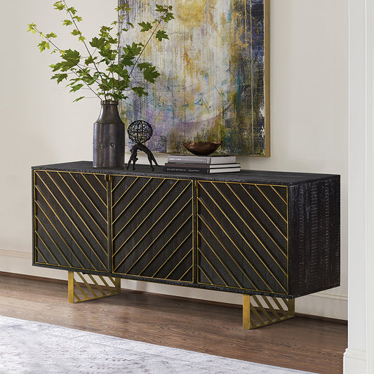 Monaco Rectangular Black Wood Sideboard with Antique Brass Accent By Armen Living | Sideboards | Modishstore