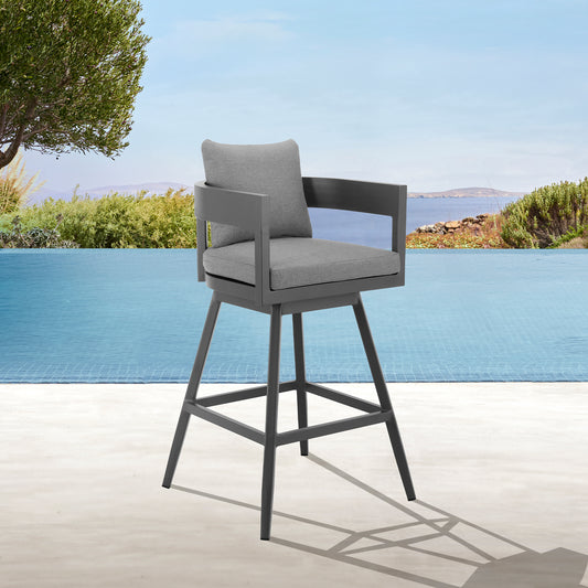 Menorca Outdoor Patio Swivel Bar Stool in Aluminum with Gray Cushions By Armen Living | Bar Stools | Modishstore