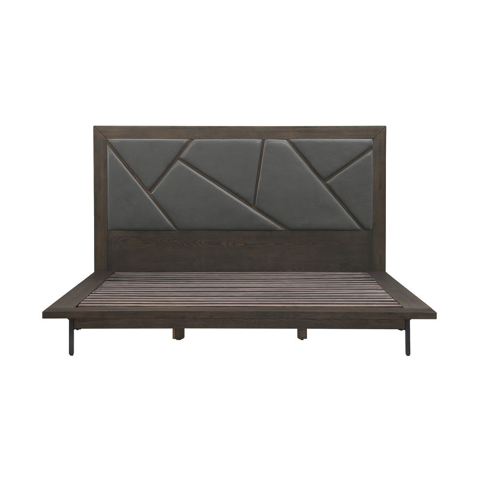 Marquis King Size Platform Bed Frame in Oak Wood with Faux Leather Headboard and Black Metal Legs By Armen Living | Beds | Modishstore - 2