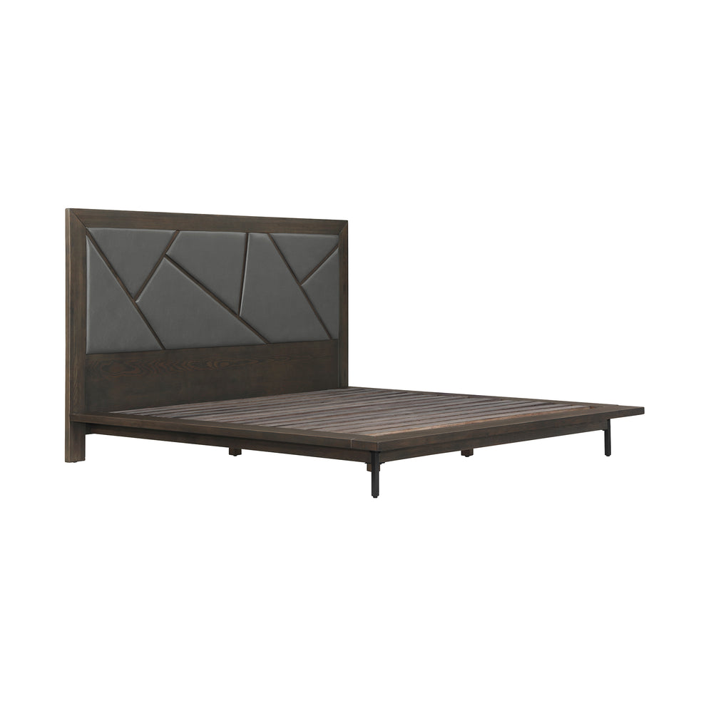 Marquis King Size Platform Bed Frame in Oak Wood with Faux Leather Headboard and Black Metal Legs By Armen Living | Beds | Modishstore - 4