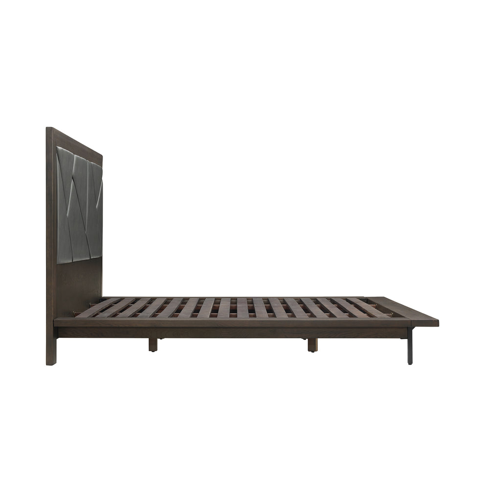 Marquis King Size Platform Bed Frame in Oak Wood with Faux Leather Headboard and Black Metal Legs By Armen Living | Beds | Modishstore - 5